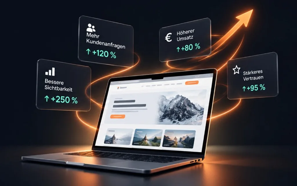 Laptop mit Webseite und Wachstumskennzahlen zu Sichtbarkeit, Anfragen, Umsatz und Vertrauen